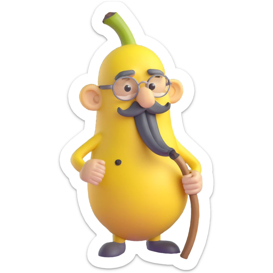 very old banana with cane, large gray mustache, wrinkled peel, hunched posture, gentle face, 3D style, white background sticker