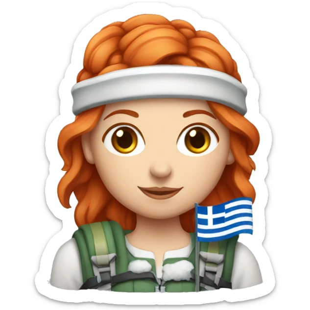 red hair female winter mountaineer with Greek flag and easter basket sticker