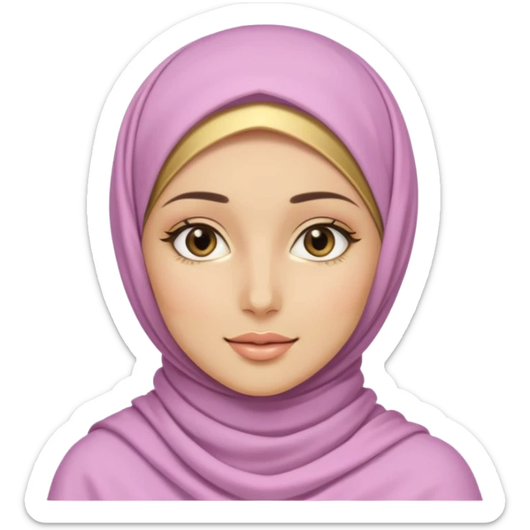 clean girl aesthetic emoji, hijabi girl with glowing skin, pastel-colored hijab, gold jewelry, minimal makeup, soft pastel background sticker