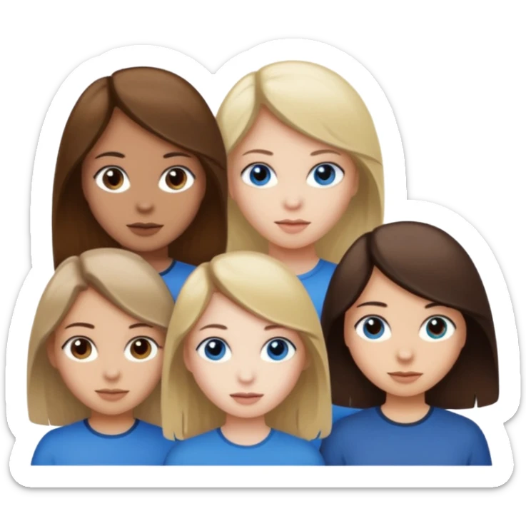 a trio of people where one girl in the back has white skin, brown hair, and brown eyes; another girl in the back has white skin, dirty blonde hair, and blue eyes; and the girl in the front has tan skin, dark brown hair and dark brown eyes. sticker
