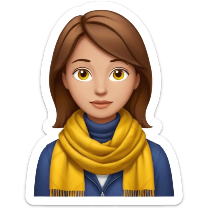 woman emoji with brown hair, no earrings, no necklaces, no jewelry, wearing yellow Pathfinder scarf, apple emoji style, transparent background sticker