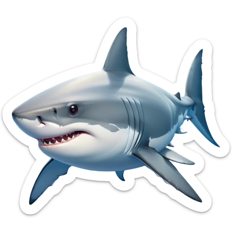 Beautiful and Majestic Great White Shark Portrait Emoji, Head and body resting peacefully with a serene, confident expression, showcasing its robust, torpedo-shaped form and a subtle, regal glint in its eyes, Simplified yet exquisitely endearing features, highly detailed, glowing with a soft, drowsy ocean light, high shine, relaxed and utterly majestic, stylized with an air of marine splendor, soft glowing outline, capturing the essence of a beautiful and majestic great white shark that feels destined to become the next viral icon of awe-inspiring ocean beauty! sticker