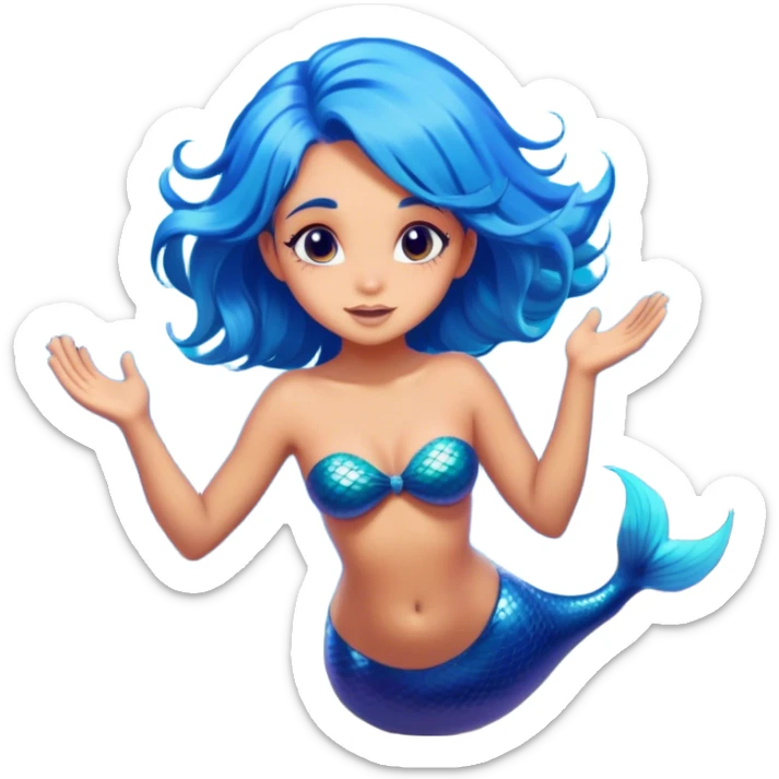 Cinematic Realistic Blue Hair Mermaid Portrait, head tilted playfully and inquisitively, showcasing a delicate, tropical form with finely detailed, flowing blue hair contrasting beautifully against her sun-kissed tanned skin. Her bright, curious eyes sparkle like sea gems under warm filtered light, rendered with lifelike clarity and soft underwater illumination—capturing the essence of a spirited mermaid poised to dance playfully amidst coral reefs. sticker
