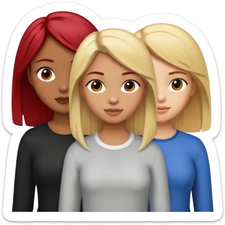 3 girls. 1 light skin with blonde hair 1 brown skin with black hair and 1 tan skin with brownish/red hair sticker