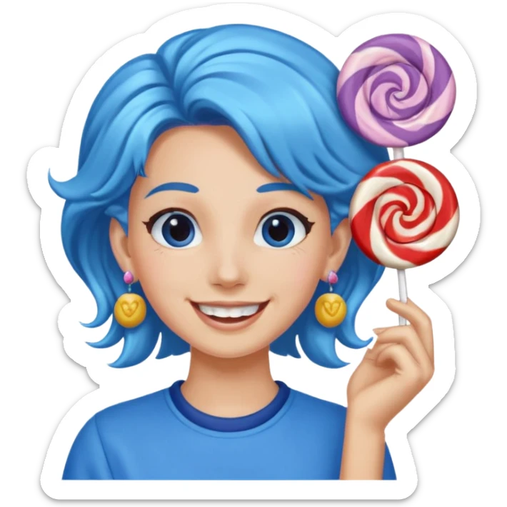candy shop vendor, looking like candy with candy earrings and candy hair with big smile and blue sticker