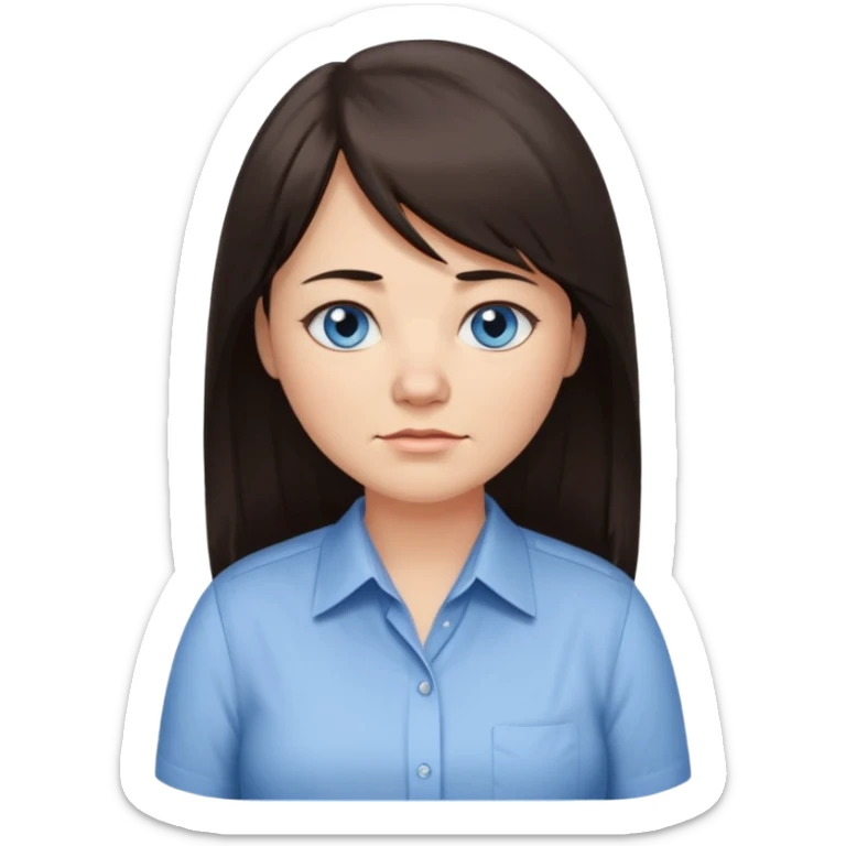 40 yr old woman, blue eyes, long straight dark brown hair, business shirt, chubby, bangs, long hair, tired, small smile sticker