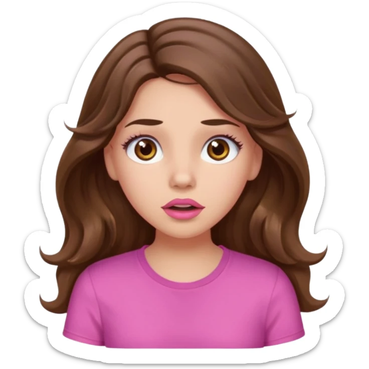 girl with long wavy brown hair, brown eyes, light to medium complexion, in a pink shirt, pink lips, long lashes, surprised sticker