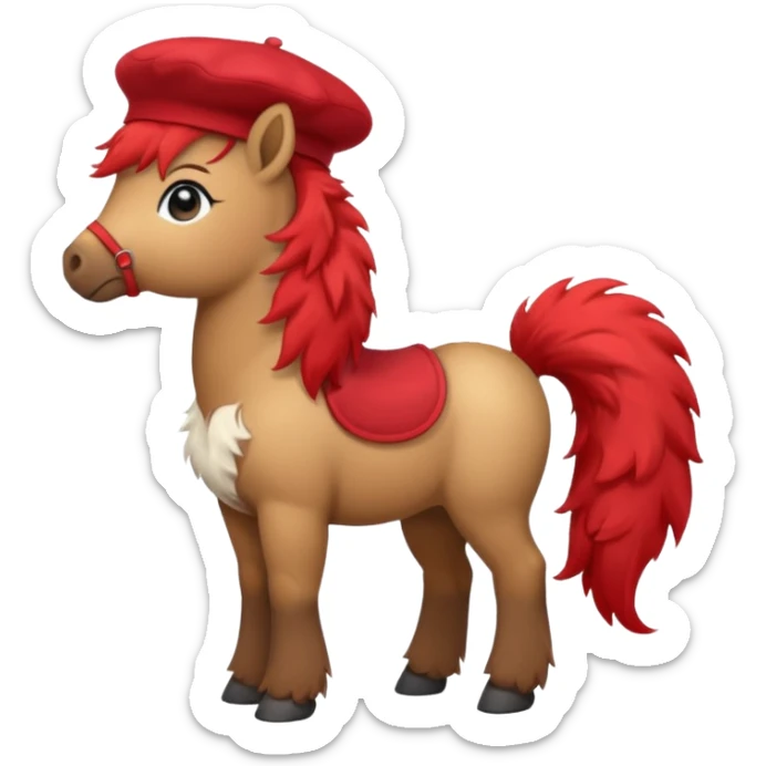 A cute pony (horse) emoji, full body, standing in side view, wearing a stylish red beret. sticker
