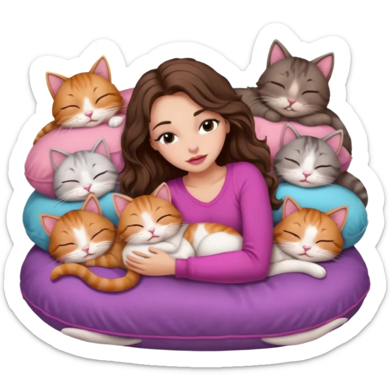 girl with long wavy brown hair, brown eyes, long lashes makeup, sexy pink lips, sleeping on a cozy pillow with 6 cats sticker