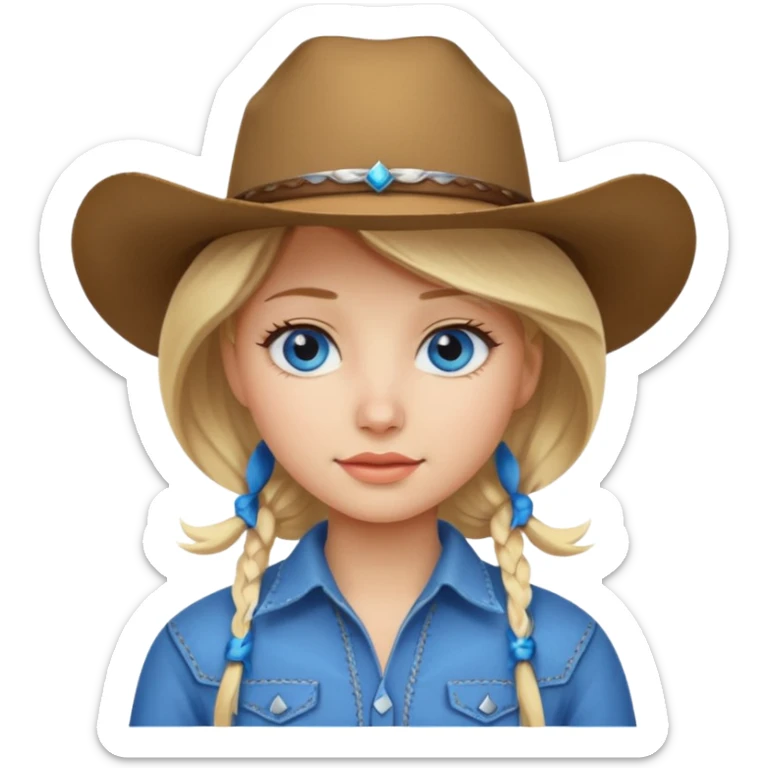 Create a girl emoji that has blonde hair, is white, has a cowboy hat on and blue eyee sticker