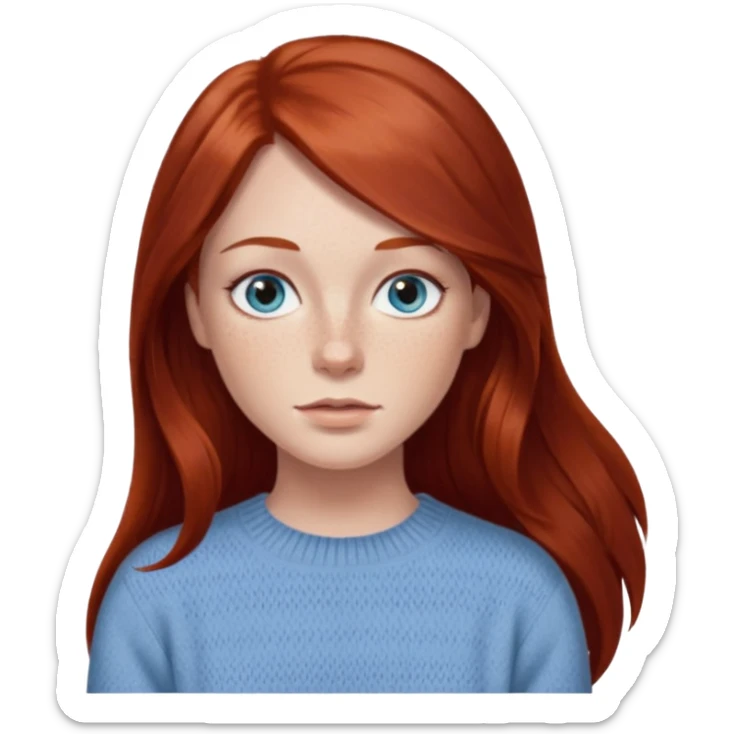 woman with long dark auburn red hair that is mostly straight but has slight waves to it. grey blue eyes. some freckles. wearing a Swedish style sweater that is neutral. the image on the right is closer sticker