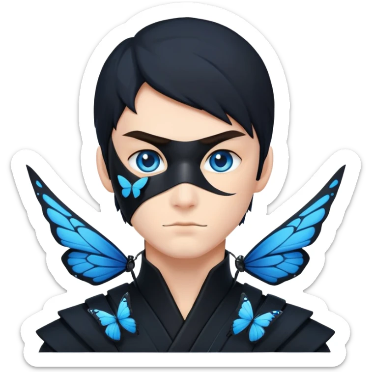 Crea un emoji para usar en WhatsApp con estos dos emoji 🥷🏻🦋.
Ninja vestido de negro con la piel blanca con una mariposa azul posada en el hombro como si estuviera volando. sticker