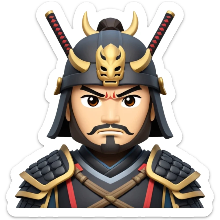clash-of-clans-aesthetic_-cinematic-fearsome-and-majestic-samurai-bust-portrait-emoji, rendered in a flat, vector-style with minimal shading and bold, simplified shapes typical of emoji art, depicting a battle-hardened samurai with steely eyes and traditional black Japanese armor, riding a noble grey warhorse adorned with an intricately designed saddle and fluttering banners, against a backdrop of cherry blossoms and a rising sun. sticker