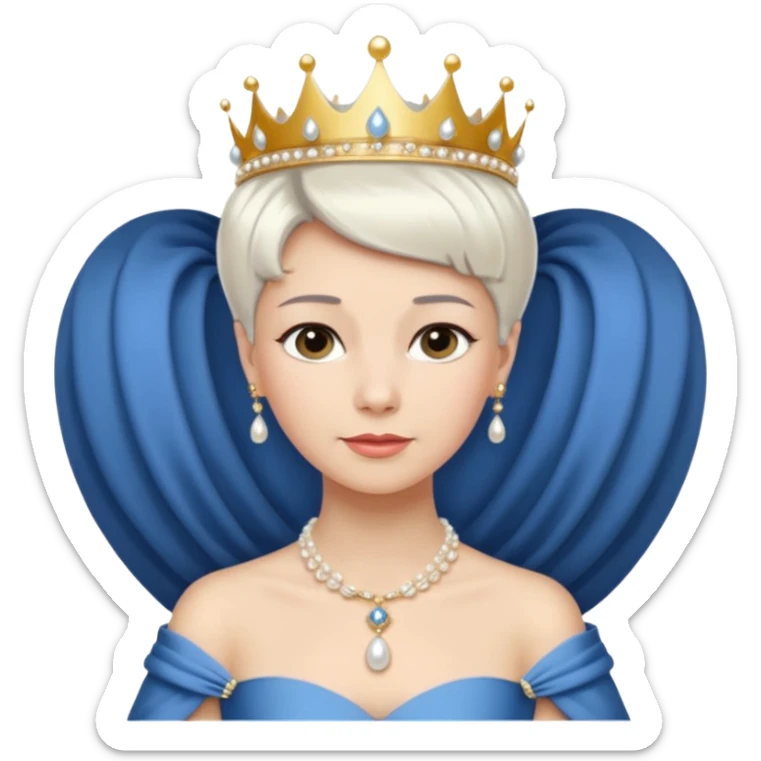Queen with white short hair – gold tiara, pearl necklace, elegant gown, blue dress sticker