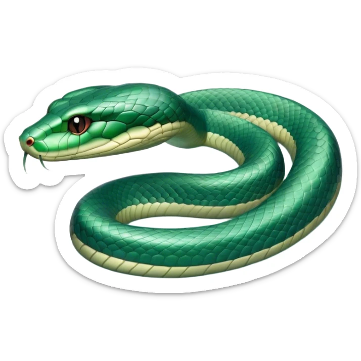 Cinematic Noble Chinese Water Snake Portrait Emoji, Poised and graceful, with a slender, sinuous build and a sleek, iridescent coat of muted greens and blues, deep-set soulful eyes, Simplified yet sharp and sophisticated features, highly detailed, glowing with a soft, dignified aquatic glow, high shine, intelligent and fluid, stylized with an air of waterborne elegance, focused and attentive, soft glowing outline, capturing the essence of a watchful and confident water snake that feels as though it could glide out of the screen with effortless authority! sticker