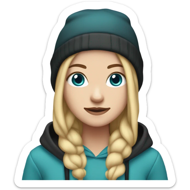 White girl, blue eyes, long teal hair, purple beanie hat, black hoodie, blue jeans, black shoes sticker