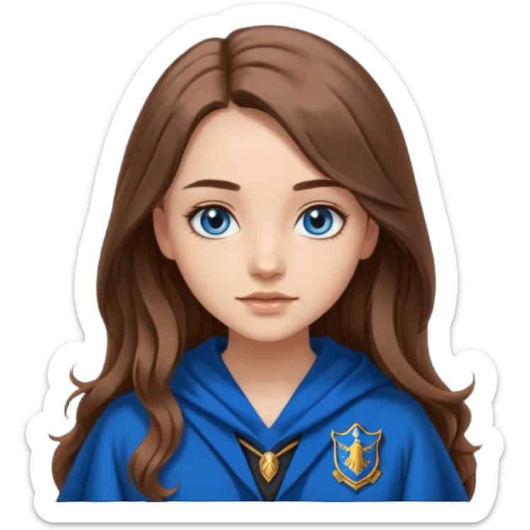 gorgeous Girl with light skin, blue eyes, long brown hair, wears ravenclaw black and blue robes  sticker