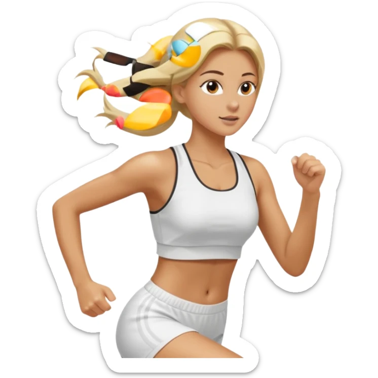 Mujer color de piel moreno, con cabello rubio largo, lacio y suelto, bonita, nariz respingada, corriendo con ropa deportiva color blanco  sticker