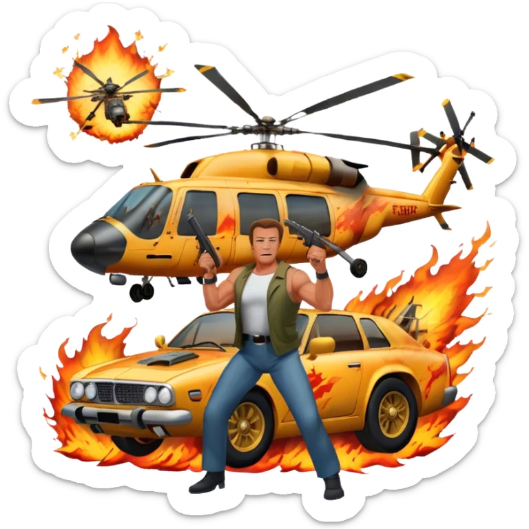 Icon for Action Movies: Arnold Schwarzenegger in the lead role, in an intense action pose with weapons, explosions, a car and helicopter flying out of flames in the background. The design should capture the explosive energy and heroism of classic action films. Transparent background. sticker