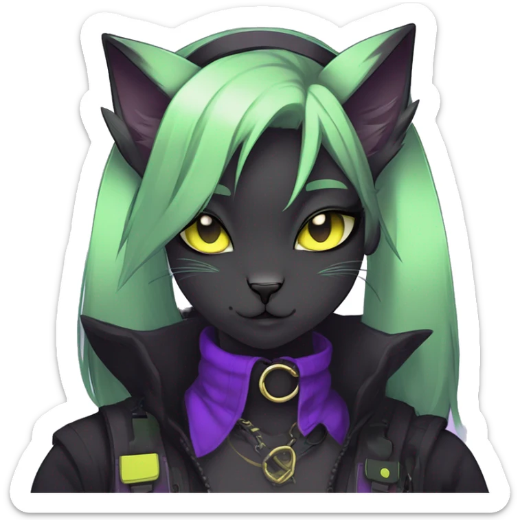 Gorgeous furry gothic dark techwear anime style anthro black cat furry sona Fakemon with blushing face yellow-green eyes with ponytail, aesthetic and pretty edgy black with violet collar and harness trending style sticker