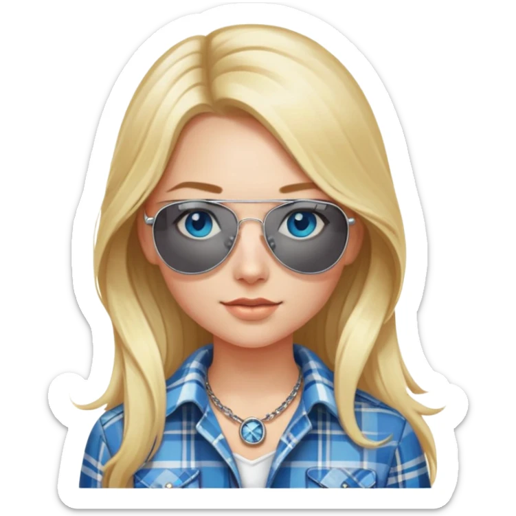 girl with long blond hair, wearing plaid shirt with blue eyes and aviator sunglasses wearing a ring on her silver necklace sticker