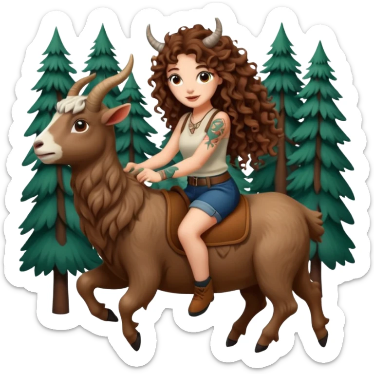 cute woman long curly brown hair tattoos riding forest goat sticker