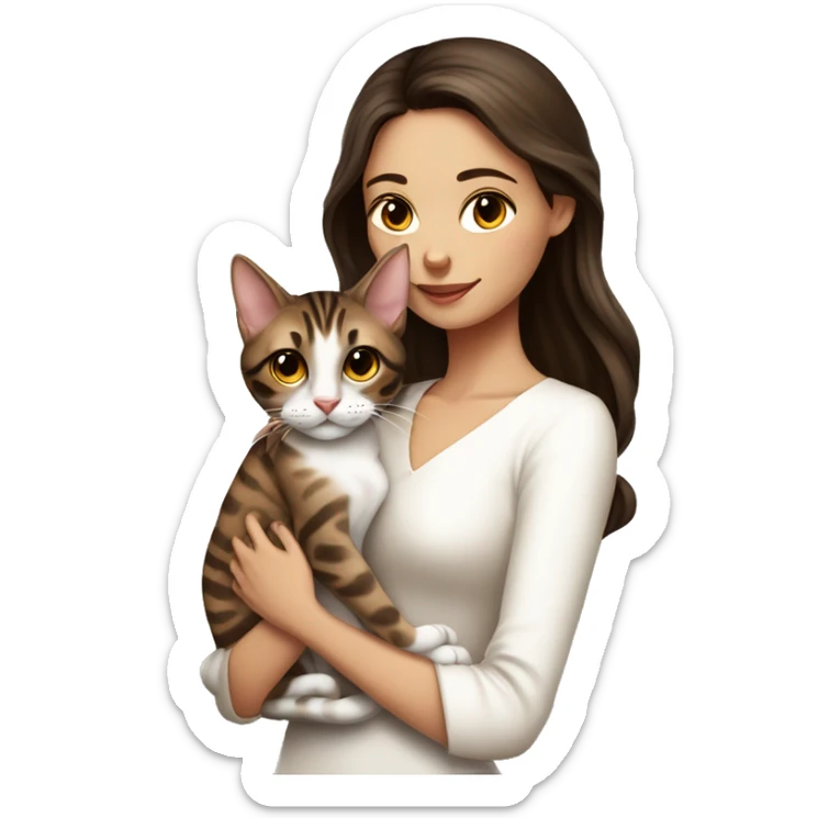 Beautiful skinny woman long dark brown hair in white dress hug bengal cat sticker