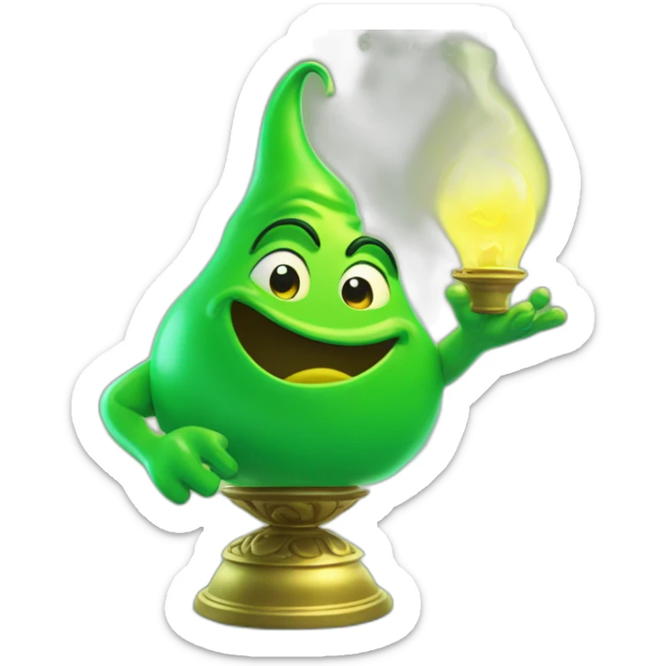 green genie coming out of a genie wonder lamp, environmentally friendly, represensting unrealistic hopes sticker
