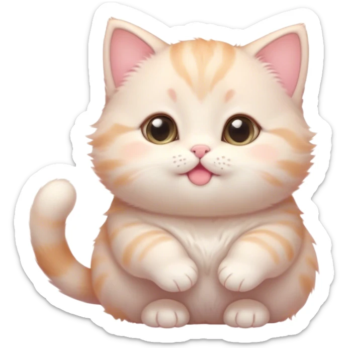 Cinematic chubby pastel kitten, big round eyes full of wonder, tiny paws reaching up, soft fluffy fur glowing in warm light, delicate heart-shaped nose, irresistibly cute and snuggly. sticker