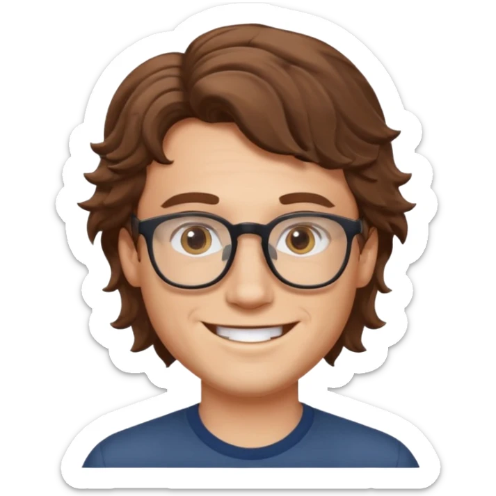 white male with glasses and brown wavy hair, smiling emoji sticker