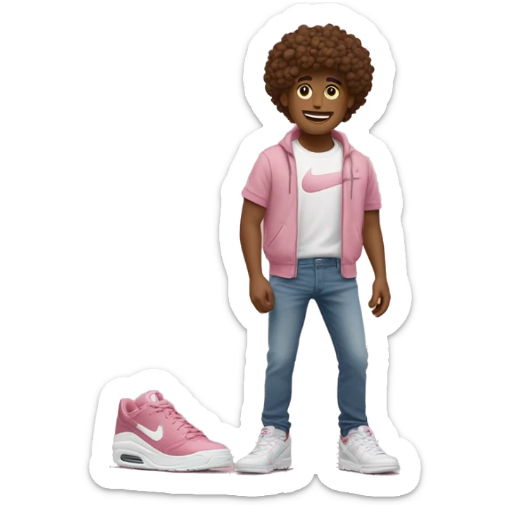 garçon avec cheveux bruns bouclés des  chaussures nike un t-shirt rose et un jeans large sticker