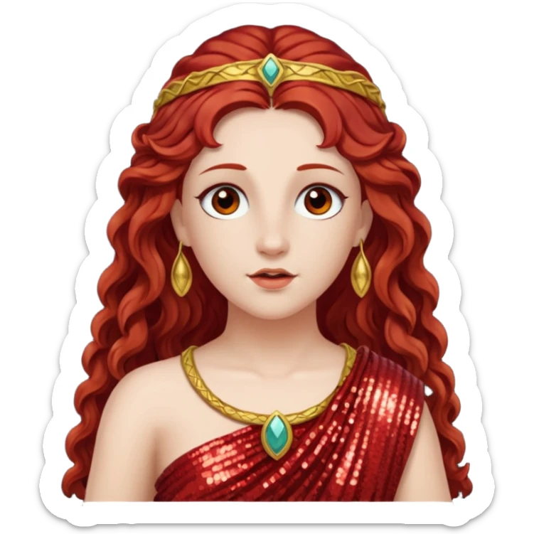 Vesta, Goddess of Hearth from Roman Deities with long dark red wavy hair, red sequin toga  sticker