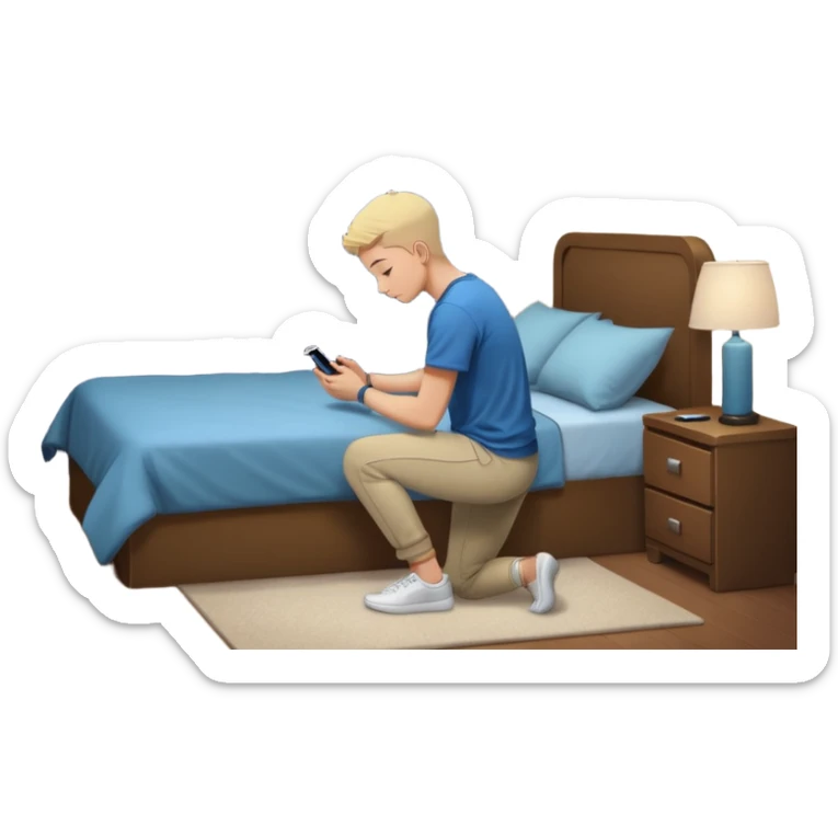 Gen Z young person kneeling beside bed in bedroom at night praying, smartphone on nightstand, wearing casual clothes, dim lighting, posters on wall sticker