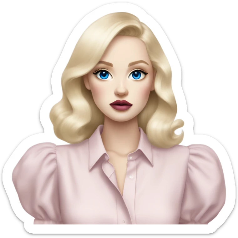 Hot girly pale blonde with blue eyes and light pink lips wearing YsL. Puffed sleeve shirt sticker