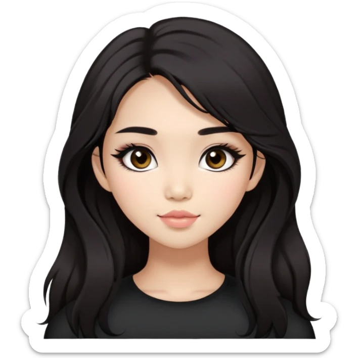 Asian girl with very long shaggy deep dark brown hair, big dark eyes. long lower lashes, cheekbones with blush. big dimples. simply black makeup sticker