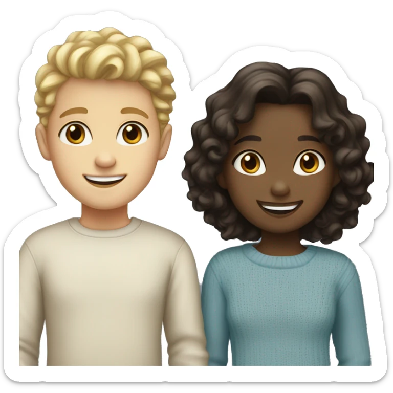 girl with dark hair and is pale and has brown eyes, smiling. with a blonde, kinda curly blue eyed boy who is smiling wearing a sweater. sticker
