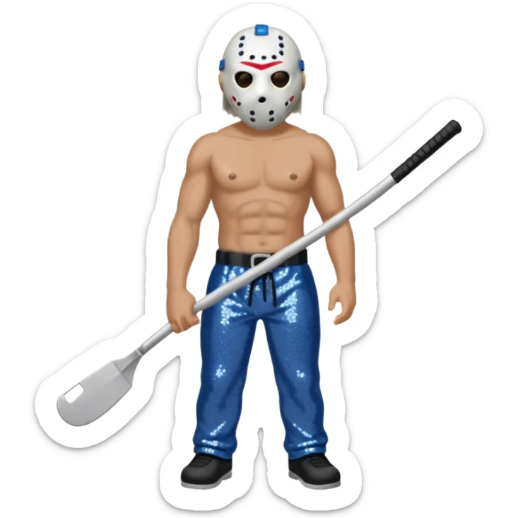 Jason Voorhees with white hockey mask, blue-gray sequin baggy pants, shirtless with necklace sticker