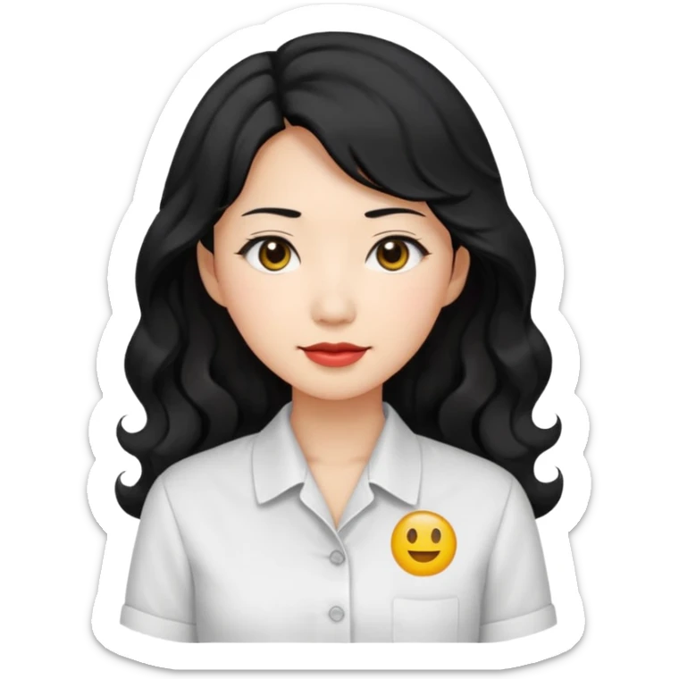 Asian woman, black hair, long permed wavy hair, white button-up shirt, emoji style, flat colors, transparent background. sticker