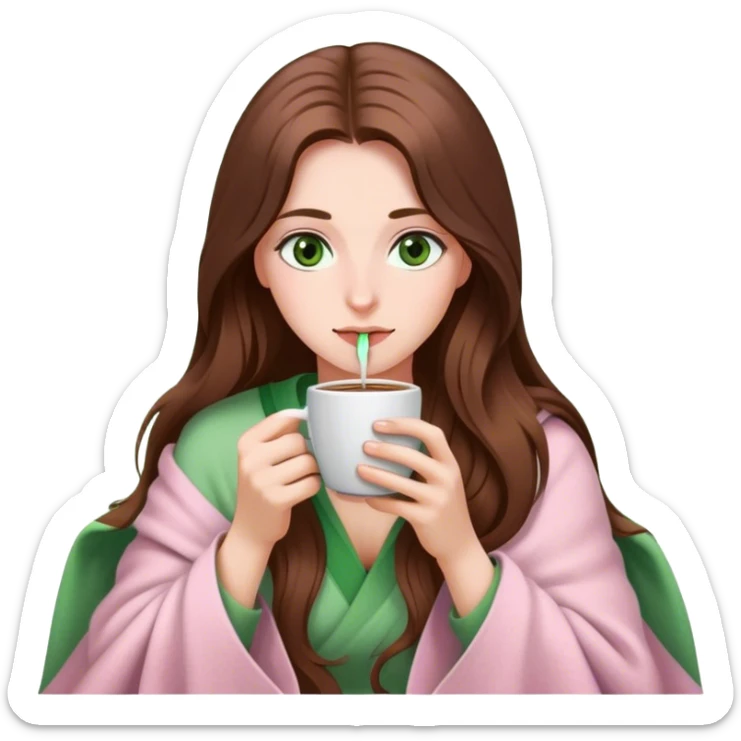 woman with very long brown hair and green eyes in a light pink blanket sipping coffee sticker