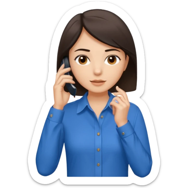 generate a pretty fair bratz girl with dark brown eyes. Dark brown hair straight short hair. tight blue button up shirt with top shirt open.  Talking on the phne sticker