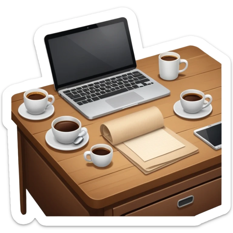 emoji of a cozy desk with a paper, a single coffee, and a laptop on it sticker