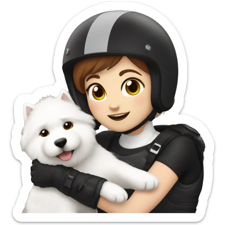 Girl biker white skin and brown short hair with a agv black helmet hugging a white Samoyed sticker
