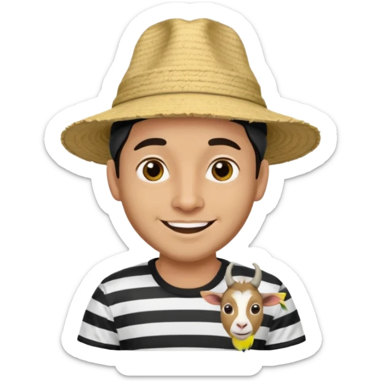 A happy fair skinned Colombian man with a goat tee wearing a Colombian hat that has black horizontal stripes on it sticker