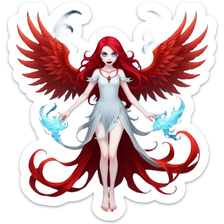 full body portrait of an extremely diabolical girl with pale white skin, massive towering wings, very long flowing blood red hair, glowing blue eyes, evil grin, no accessories, with swirling red and black smog/smoke at the bottom of her feet sticker