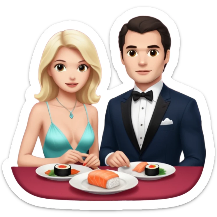 realistic photo of Henry Cavill with a beautiful  victoria secret model on a candle lit sushi date sticker