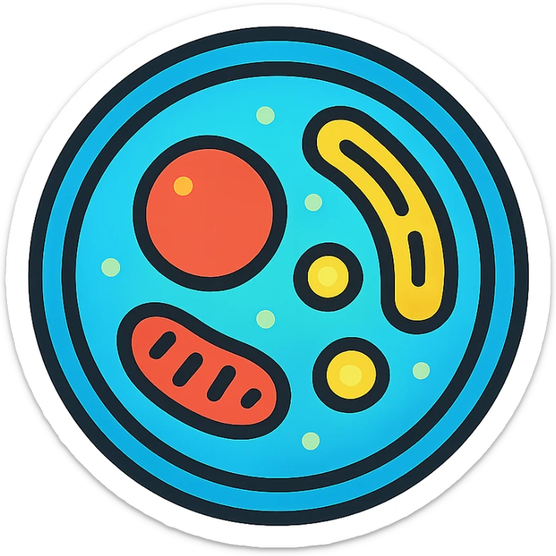 Zelle, deren Inhalt leuchtet in verschiedenen Farben (z. B. blau für Wasser, rot für Proteine, gelb für Lipide). sticker