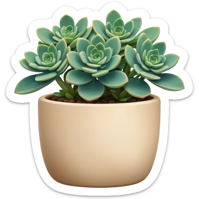 Sedum Pachyphyllum succulent plant with blue-green thick leaves in a beige ceramic pot sticker