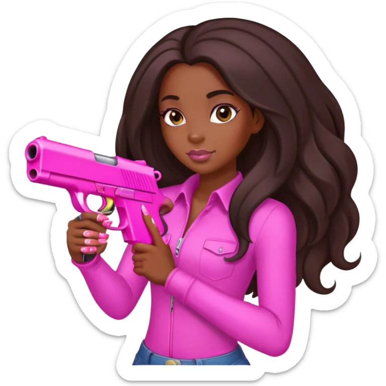 black Girl long hair hand pink nails holding pink gun sticker
