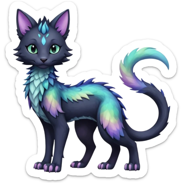 Kawaii black pastel iridescent beautiful pretty elegant divine edgy fantasy feline-vernid-sergal-fursona animal creature with a tufted tail full body with intricate markings  sticker