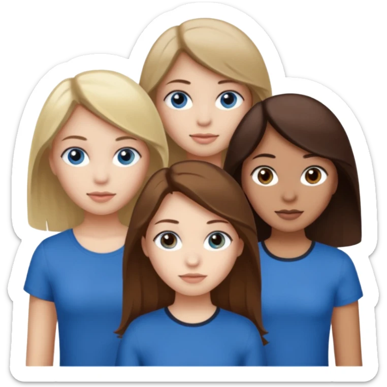 a group of 3 people where two are in the back one in the front -
1. Girl has white skin, brown hair, brown eyes
2. Girl has white skin, dirty blonde hair, blue eyes
3. Girl has tan skin, dark brown hair, dark brown eyes sticker